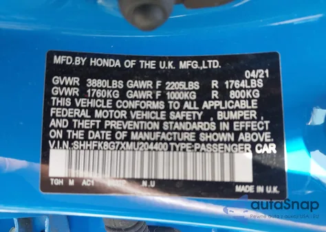 2021 Honda Civic Type R Touring z USA, uszkodzony, nr VIN SHHFK8G7XMU204400